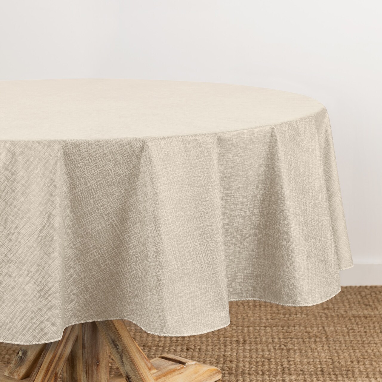 Threadmade Home Monterey Linen Texture Vinyl Indoor/Outdoor Tablecloth, Ivory - 70"W x 70"L Round